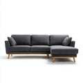 Sofa, Kanapa narożna 3 fotele z krzesełkiem z prawym ciemnoszarym poliestrem i litym drewnem hevea do 250 x 160 x 85 cm