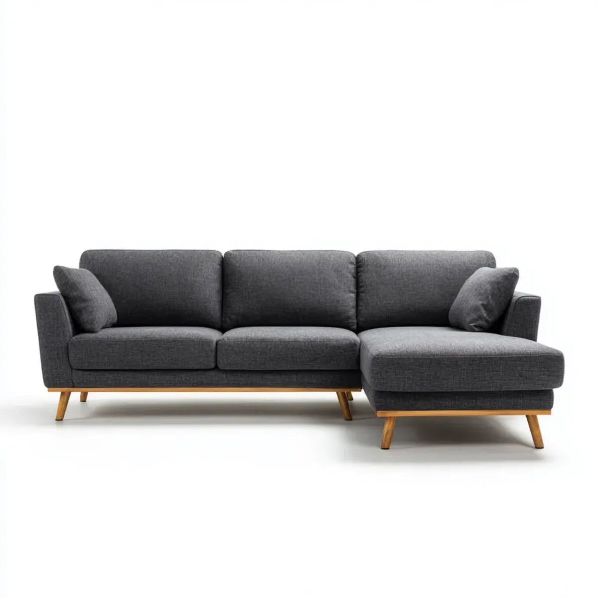 Sofa, Kanapa narożna 3 fotele z krzesełkiem z prawym ciemnoszarym poliestrem i litym drewnem hevea do 250 x 160 x 85 cm