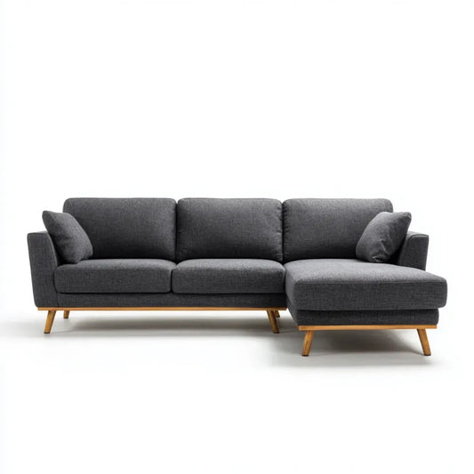 Sofa, Kanapa narożna 3 fotele z krzesełkiem z prawym ciemnoszarym poliestrem i litym drewnem hevea do 250 x 160 x 85 cm
