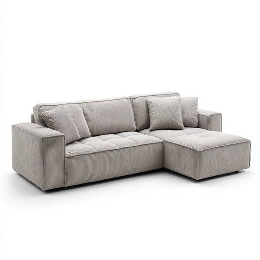 Sofa, Kącik sofa z szezlongiem prawa jasnoszara 250 x 160 x 75 cm w aksamicie z żeberkami poliestrowymi