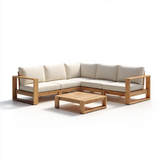 Sofa ogrodowa, Taras salon zestaw narożna sofa z kawy stół krem naturalna 260 x 200 cm z litego teku kształt L