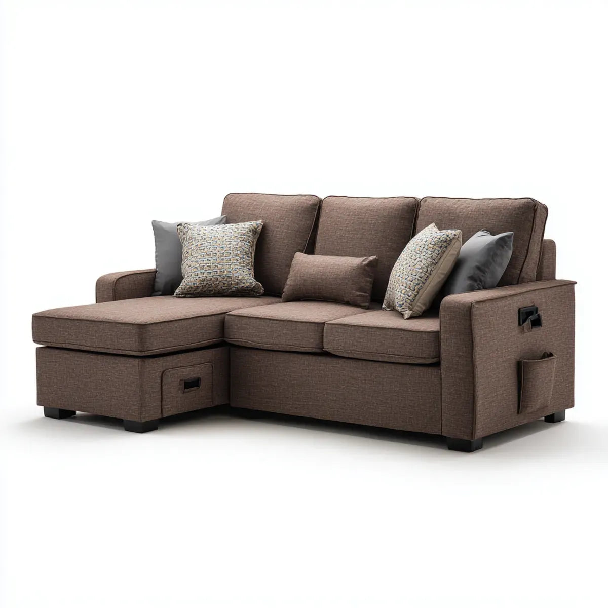 Sofa, Kanapa narożna 3 brązowe miejsca 230 x 145 x 88 cm w poliestrze z szewcem pojemnik na hafty