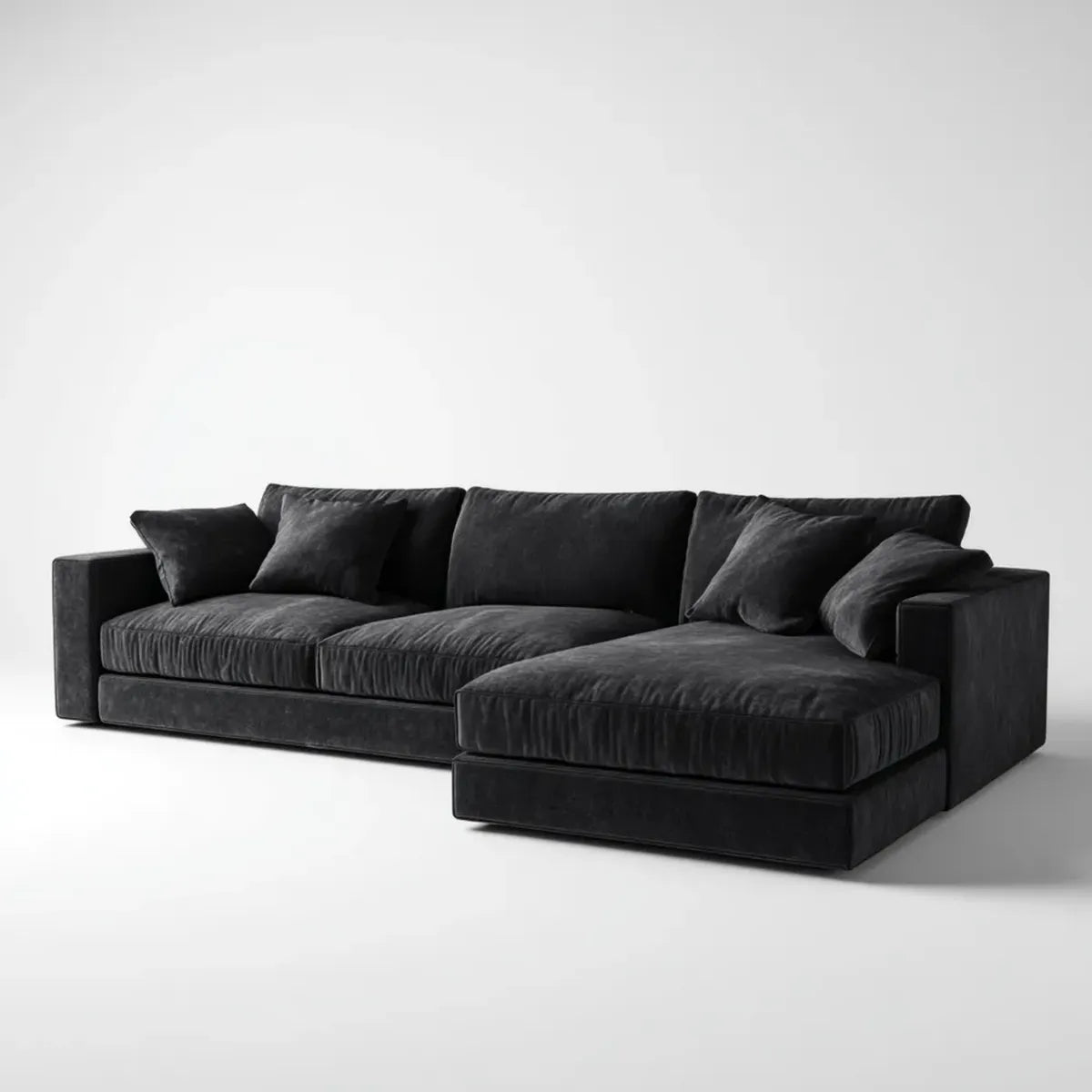 Sofa, narożna sofa 4 fotele z krzesełkiem z prawej czarny poliester aksamit 280 x 170 x 85 cm