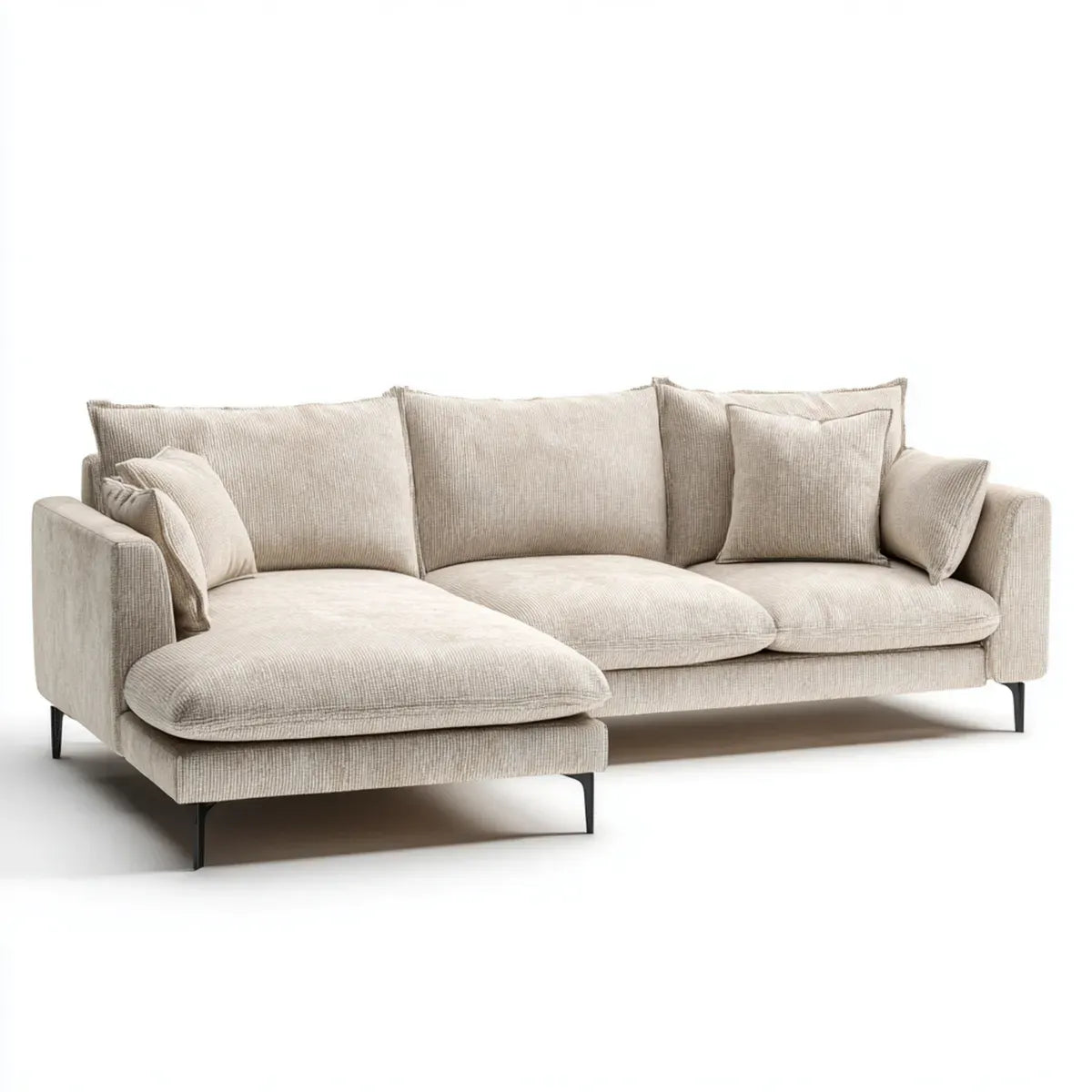 Sofa, Kanapa narożna 3 fotele z krzesełkiem na lewo beżowy poliester na wybrzeżu 280 x 160 x 85 cm