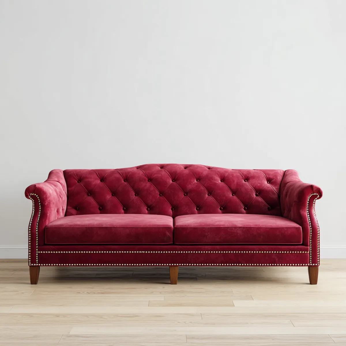 Sofa, Chesterfield burgunda sofa w prostokątnym poliestrowym aksamicie 220 x 90 x 78 cm
