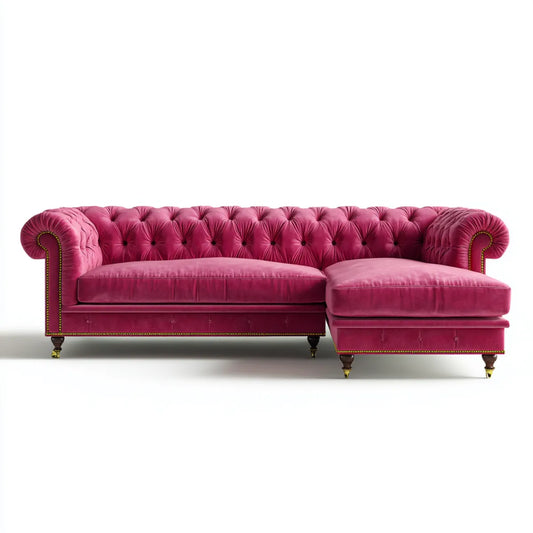 Sofa, Chesterfield Fuchsia 280 x 170 x 78 cm w aksamicie poliestrowym z prawym szezlongiem