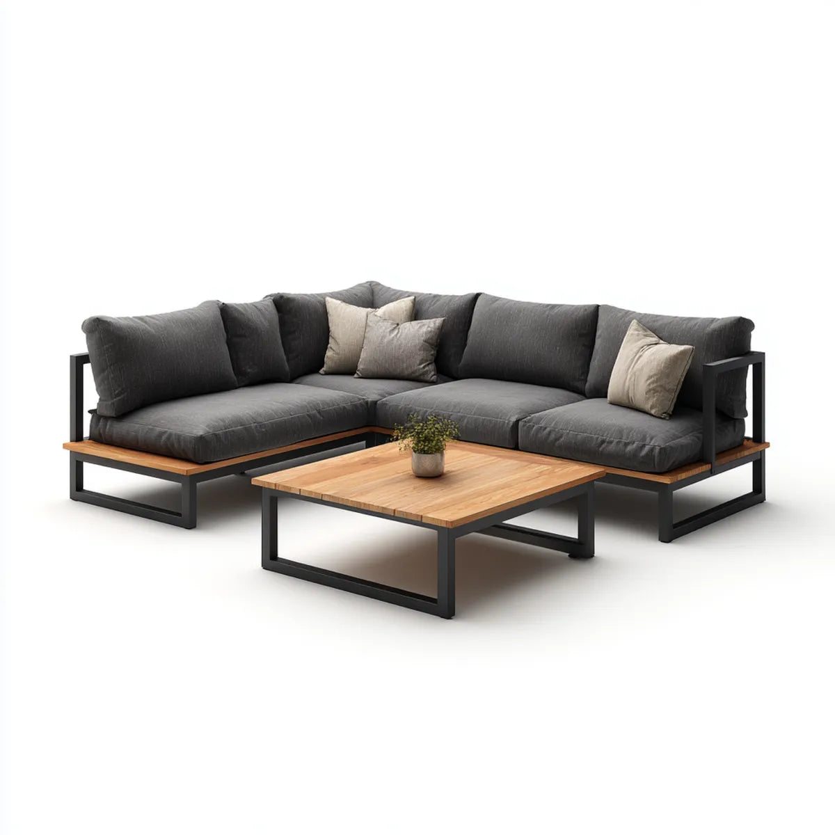 Sofa ogrodowa, Taras loungeset narożna sofa antracyt z akacjowym stołem do kawy 240 x 180 cm