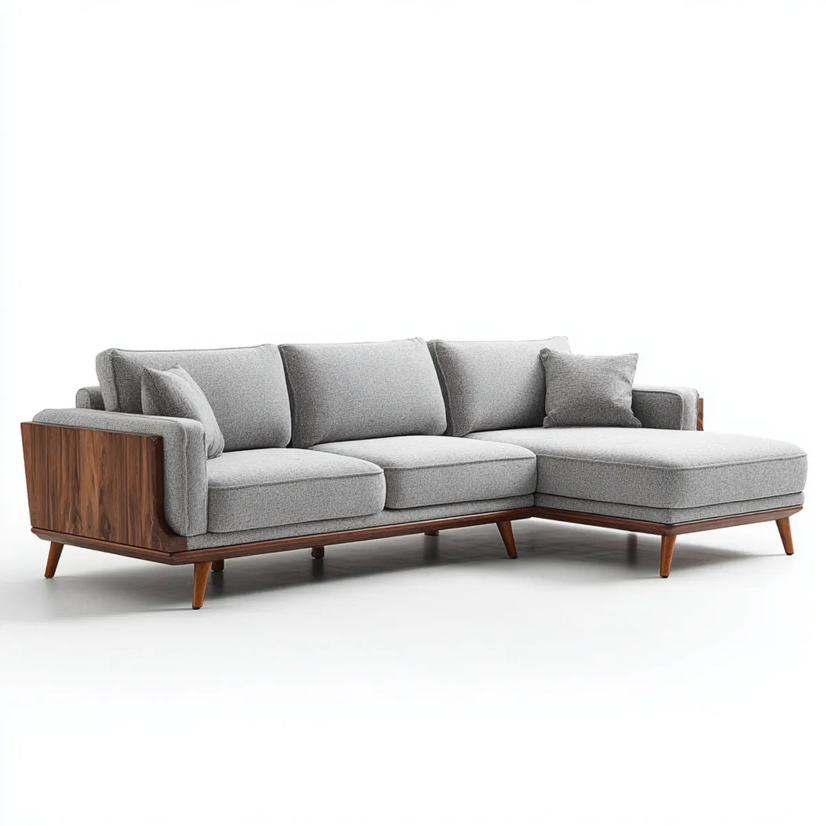 Sofa narożna 3 fotele z krzesełkiem z prawej strony szary 280 x 170 x 85 cm w poliestrze i litym drewnie L