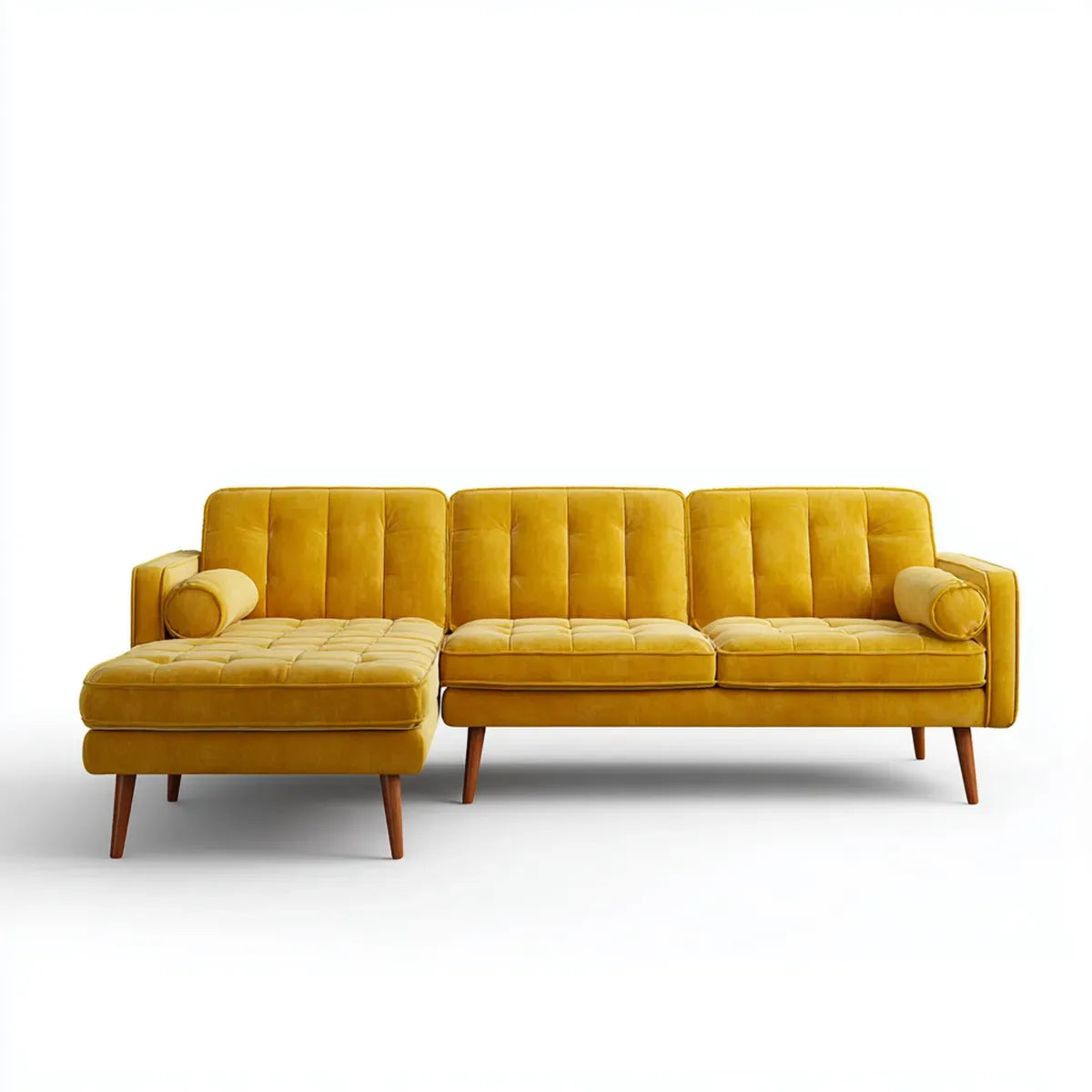 Sofa, Kanapa narożna 3 fotele z krzesełkiem z lewej żółtej aksamitnej musztardy poliester 230 x 150 x 85 cm