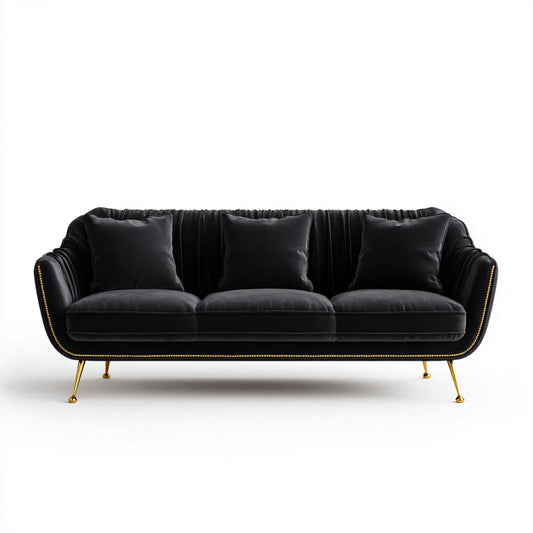 Sofa, 3 fotele czarne poliestrowe aksamitna sofa o złotych stopach prostokątna kształt 220 x 90 x 82 cm