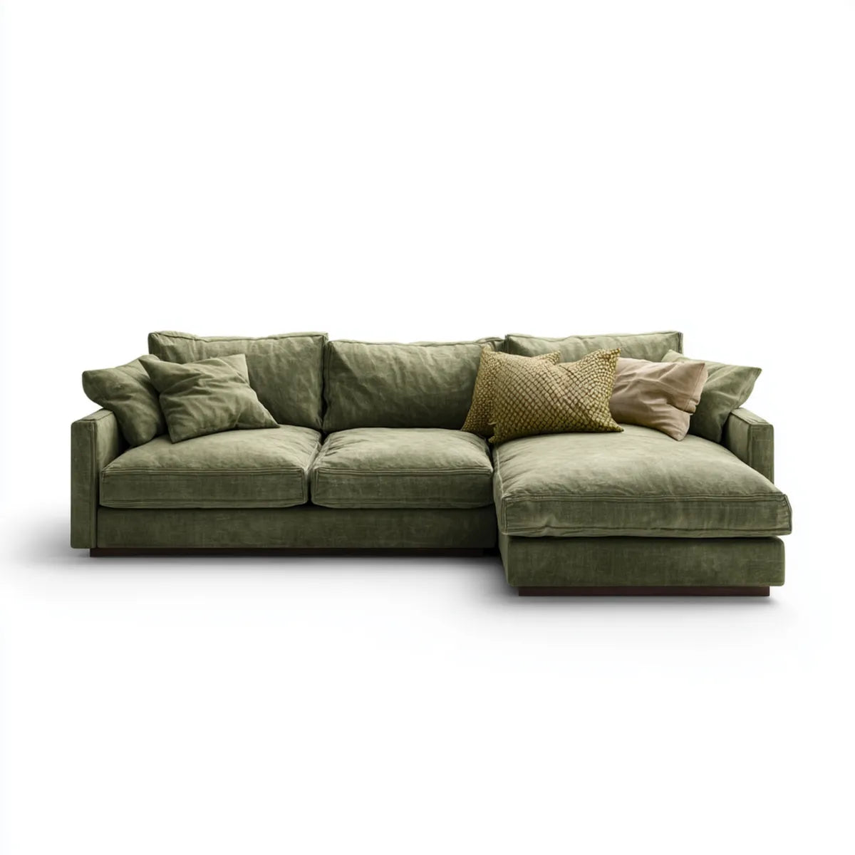 Sofa, Kanapa narożna z oliwkowym zielonym oliwkowym dekoltem z poliestru o kształcie 280 x 170 x 85 cm